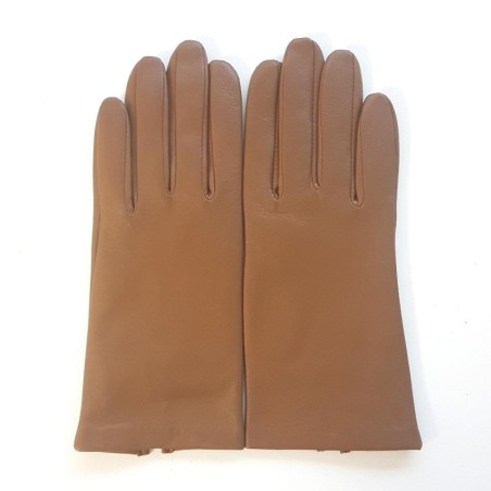 Gants en Cuir d'Agneau Biscuit Bis Capucine Doublés Soie.