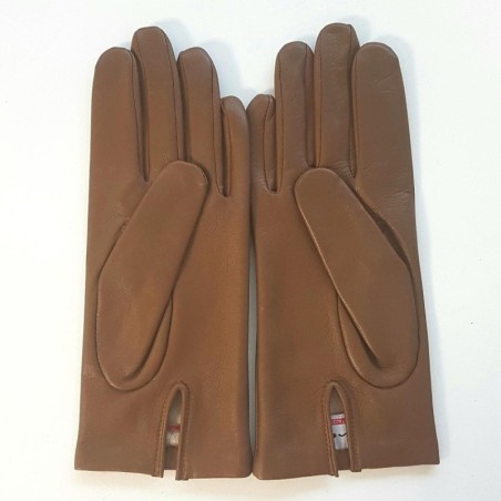 Gants en Cuir d'Agneau Biscuit Bis Capucine Doublés Soie.