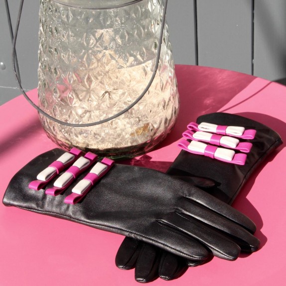 Leather gloves of lamb black hot pink and grey "OMBELINE"