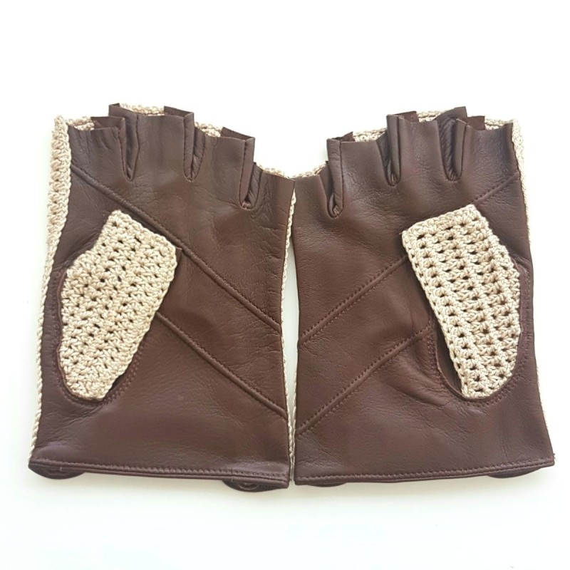 Mitaines en Cuir d'Agneau Crochet Coton Havane écru Pilote Non Doublés