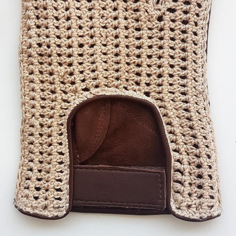 Mitaines en Cuir d'Agneau Crochet Coton Havane écru Pilote Non Doublés