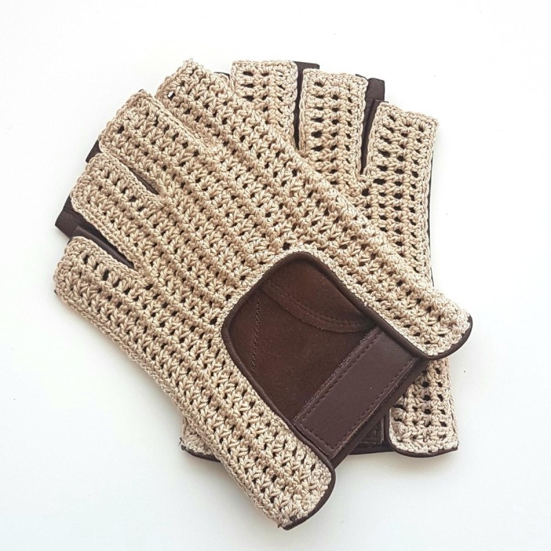 Mitaines en Cuir d'Agneau Crochet Coton Havane écru Pilote Non Doublés