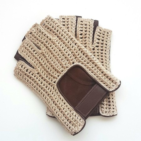 Mitaines en Cuir d'Agneau Crochet Coton Havane écru Pilote Non Doublés