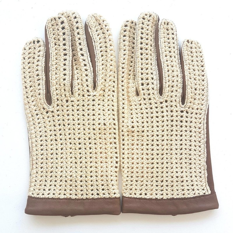 Gants en Cuir d'Agneau Crochet Coton Marron Beige Louis Non doublés.