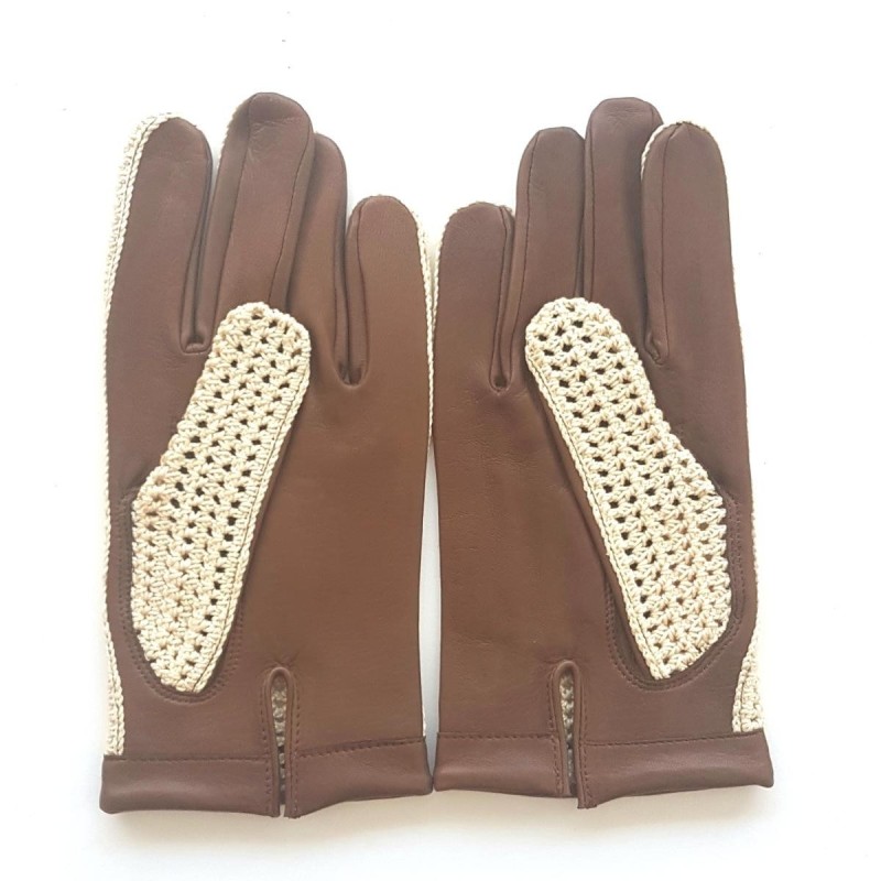 Gants en Cuir d'Agneau Crochet Coton Marron Beige Louis Non doublés.