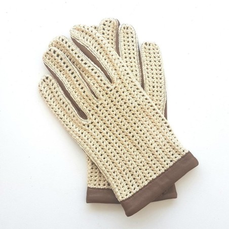 Gants en Cuir d'Agneau Crochet Coton Marron Beige Louis Non doublés.
