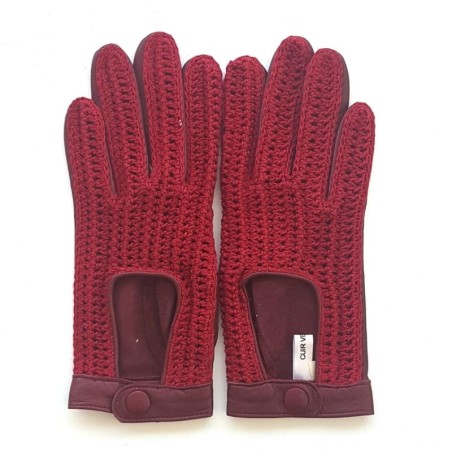 Gants en Cuir et Crochet Coton Rouge Alfredine Non Doublés.