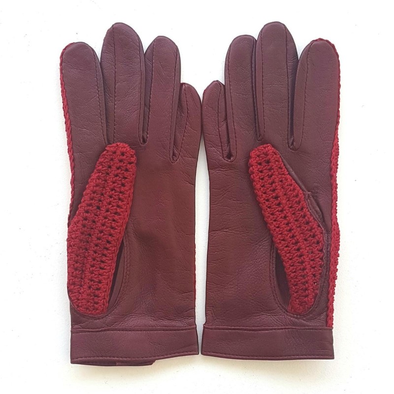 Gants en Cuir et Crochet Coton Rouge Alfredine Non Doublés.