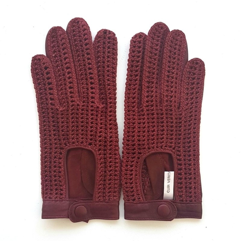 Gants en Cuir et Crochet Coton Bordeaux Alfredine Non Doublés.