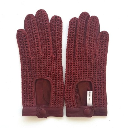 Gants en Cuir et Crochet Coton Bordeaux Alfredine Non Doublés.