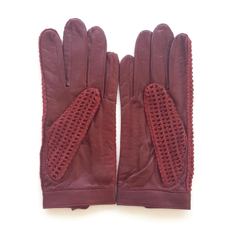 Gants en Cuir et Crochet Coton Bordeaux Alfredine Non Doublés.
