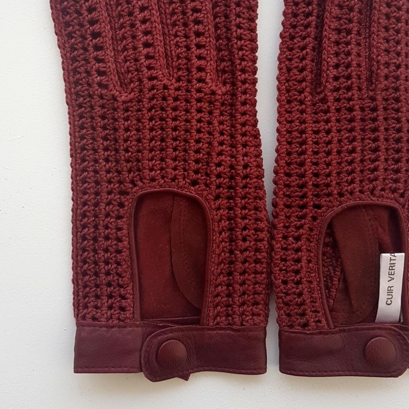 Gants en Cuir et Crochet Coton Bordeaux Alfredine Non Doublés.