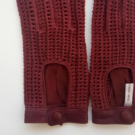 Gants en Cuir et Crochet Coton Bordeaux Alfredine Non Doublés.