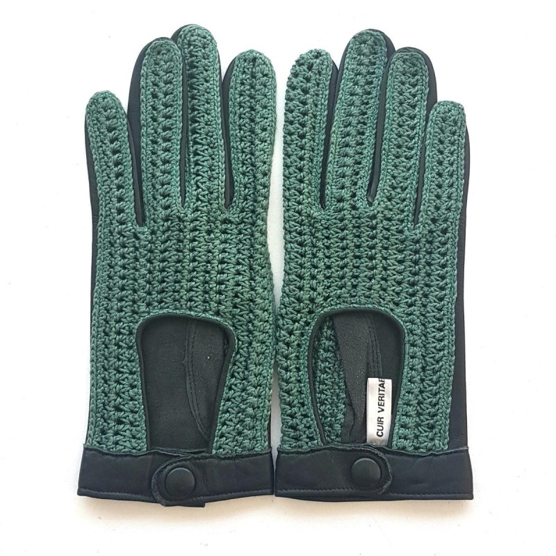 Gants en Cuir et Crochet Coton Vert Alfredine Non Doublés.