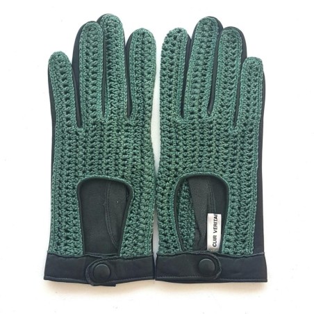 Gants en Cuir et Crochet Coton Vert Alfredine Non Doublés.