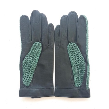 Gants en Cuir et Crochet Coton Vert Alfredine Non Doublés.