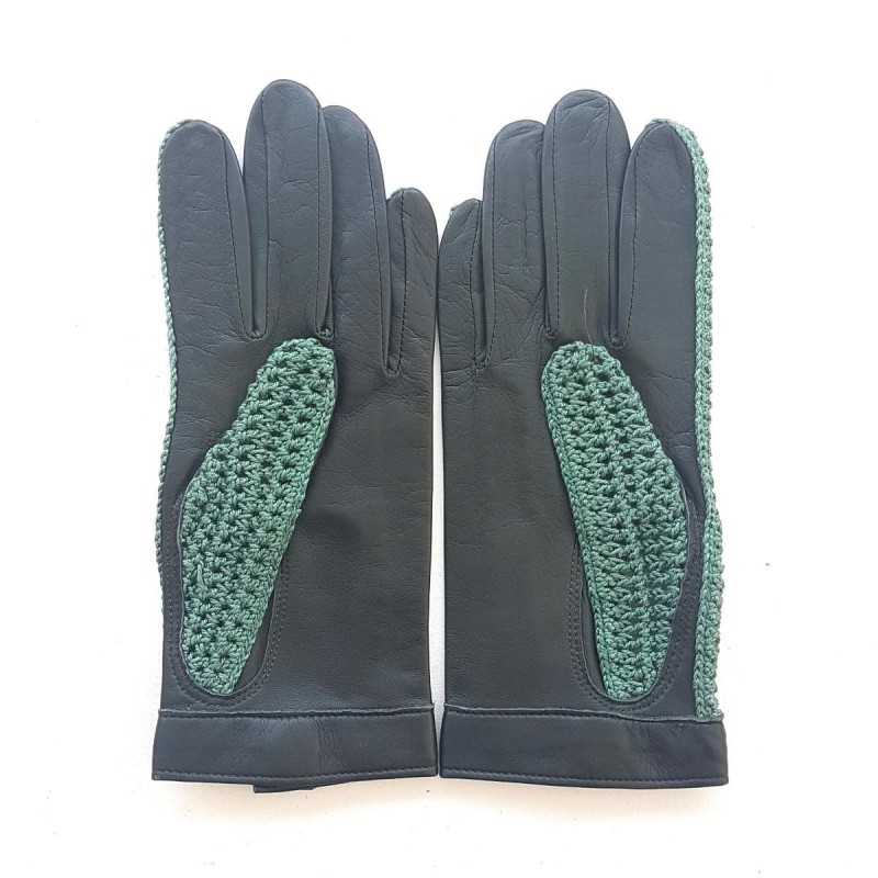 Gants en Cuir et Crochet Coton Vert Alfredine Non Doublés.