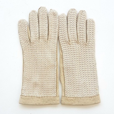 Gants en Cuir de Pécari Crochet Coton Beige Otmeal Paulina Non Doublés