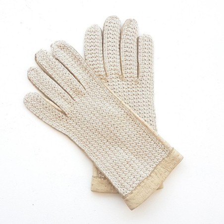Gants en Cuir de Pécari Crochet Coton Beige Otmeal Paulina Non Doublés