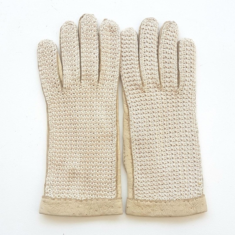 Gants en Cuir de Pécari Crochet Coton Beige Otmeal Paulina Non Doublés
