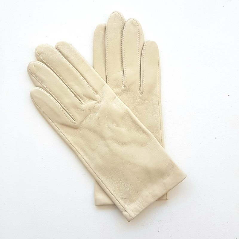 Gants en Cuir d'Agneau Beige Capucine Doublés en Soie.