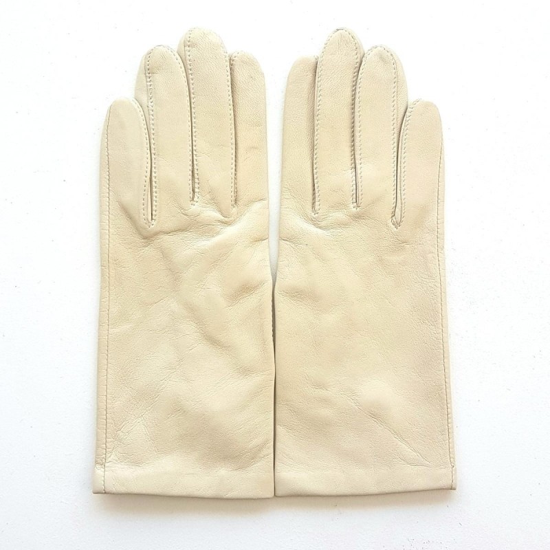 Gants en Cuir d'Agneau Beige Capucine Doublés en Soie.