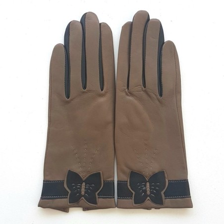 Gants en Cuir d'Agneau Argile Noir Papillon Doublés Soie.