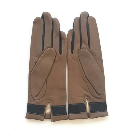 Gants en Cuir d'Agneau Argile Noir Papillon Doublés Soie.