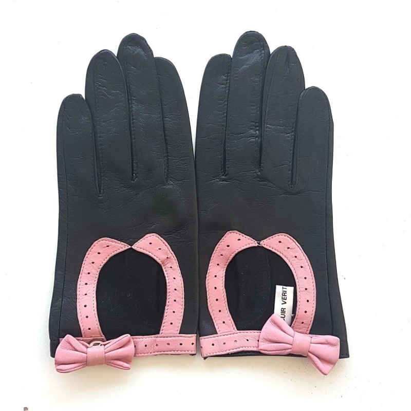 Gants en Cuir d'Agneau Noirs Rose Denise Non Doublés.