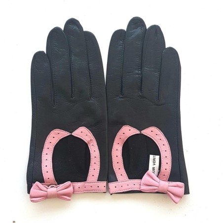 Gants en Cuir d'Agneau Noirs Rose Denise Non Doublés.