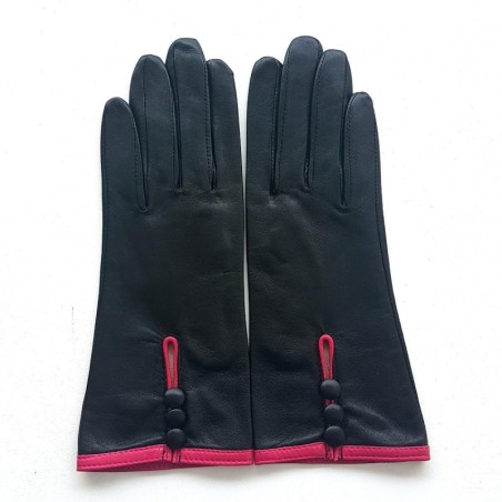 Gants en Cuir d'Agneau Noir Orchidée Margueritte Doublés Soie.