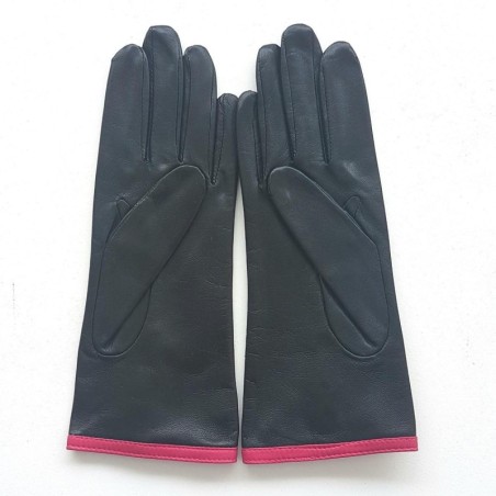 Gants en Cuir d'Agneau Noir Orchidée Margueritte Doublés Soie.