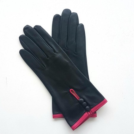 Gants en Cuir d'Agneau Noir Orchidée Margueritte Doublés Soie.