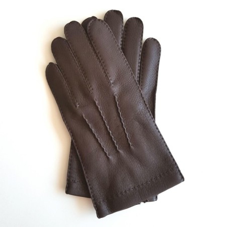 Gants en Cuir de Cerf et d'Agneau Marron Oscar Doublés soie.