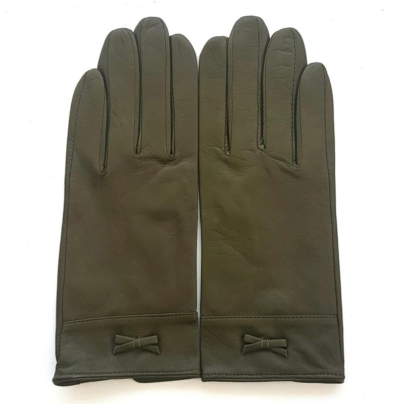 Gants en Cuir d'Agneau Kaki Anémone Doublés Soie.