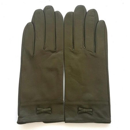 Gants en Cuir d'Agneau Kaki Anémone Doublés Soie.