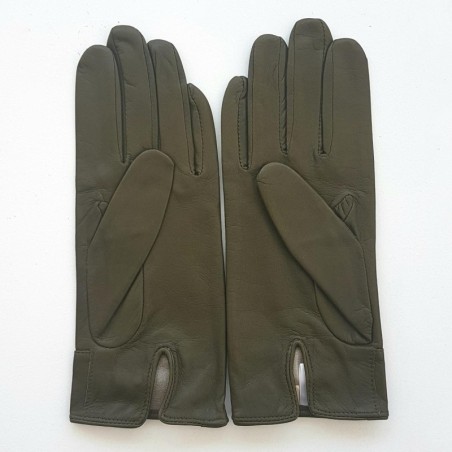 Gants en Cuir d'Agneau Kaki Anémone Doublés Soie.