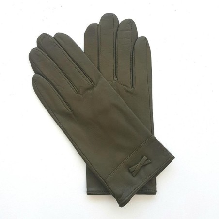 Gants en Cuir d'Agneau Kaki Anémone Doublés Soie.