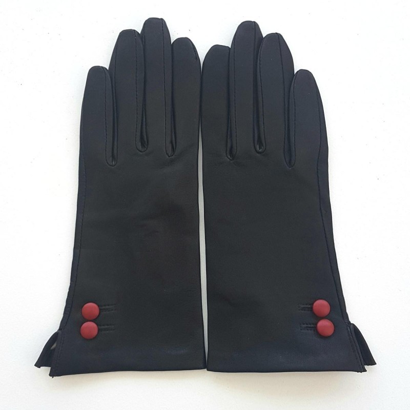 Gants en Cuir d'Agneau Noir Rouge Clémentine Doublés en Soie.