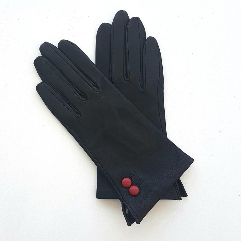 Gants en Cuir d'Agneau Noir Rouge Clémentine Doublés en Soie.