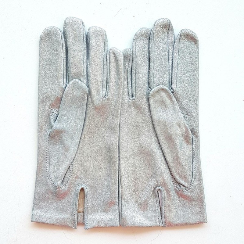 Gants en Cuir d'Agneau Argent Capucine Doublés Soie.