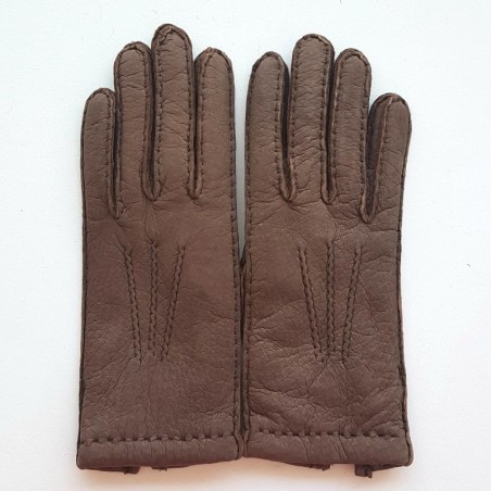 Gants en Cuir de Pécari Marron Léonie Doublure Cachemire.