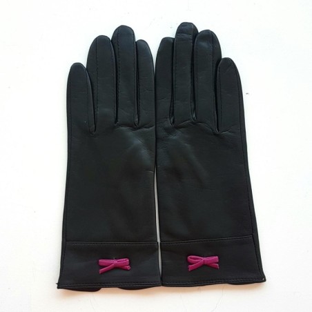 Gants en Cuir d'Agneau Noirs Rose Vif Anémone Doublés Soie.