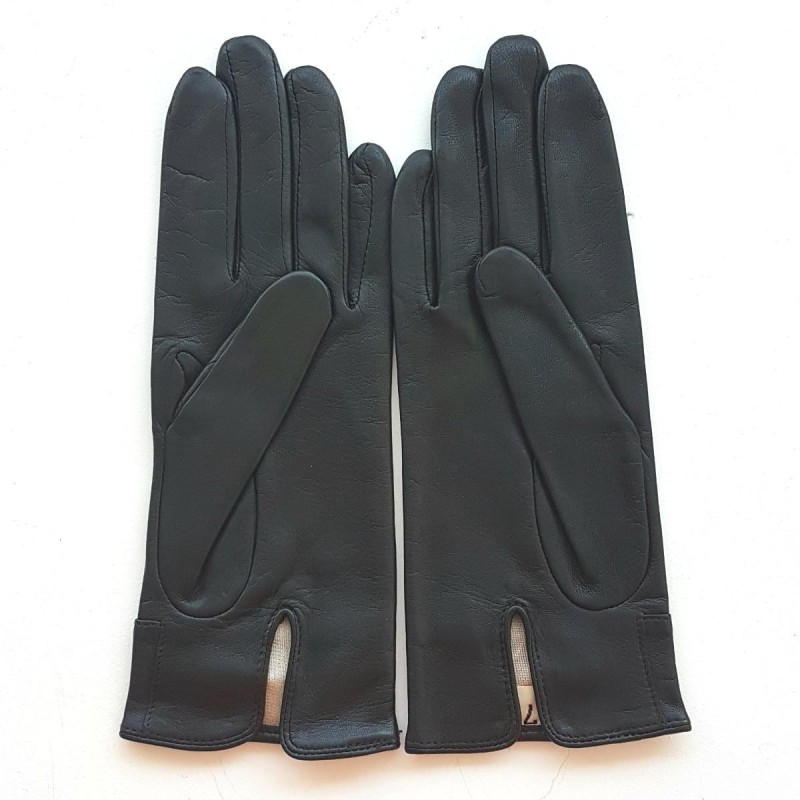 Gants en Cuir d'Agneau Noirs Rose Vif Anémone Doublés Soie.