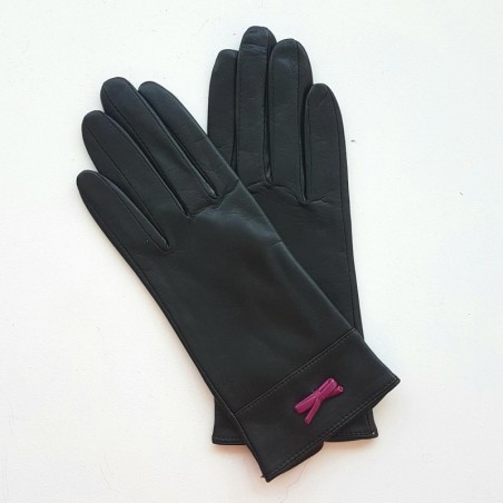 Gants en Cuir d'Agneau Noirs Rose Vif Anémone Doublés Soie.