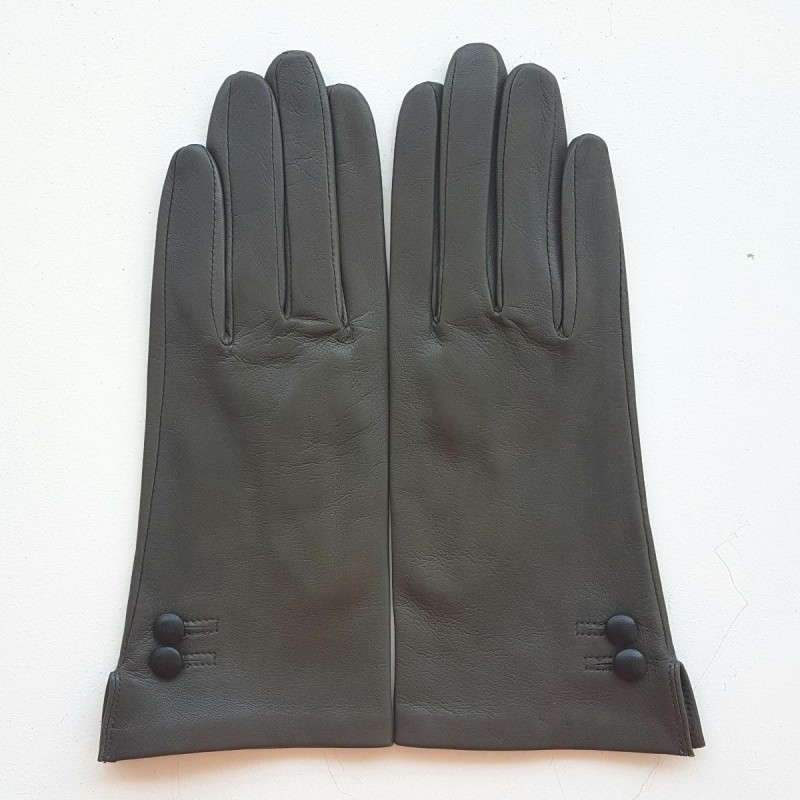 Gants en Cuir d'Agneau Gris Noir Clémentine Doublure Soie.