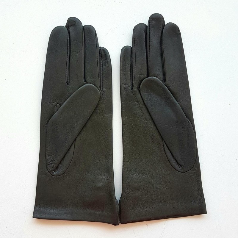 Gants en Cuir d'Agneau Gris Noir Clémentine Doublure Soie.