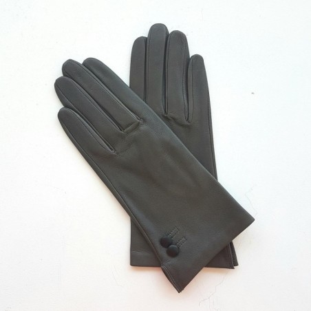 Gants en Cuir d'Agneau Gris Noir Clémentine Doublure Soie.