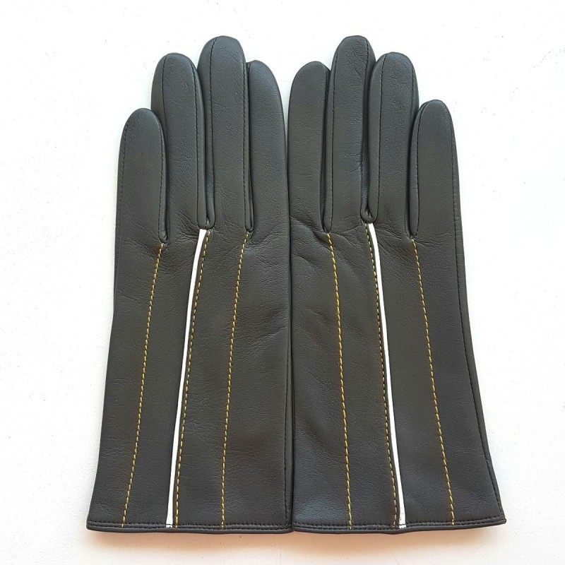 Gants Cuir d'Agneau Gris Jaune Blanc Christine Doublés soie.