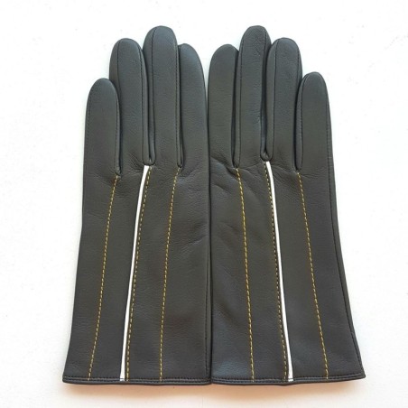 Gants Cuir d'Agneau Gris Jaune Blanc Christine Doublés soie.